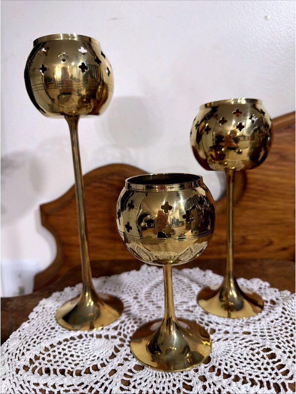VTG Brass Goblet Tealight Votive Candle Holders Pierced Cutout India Set 3